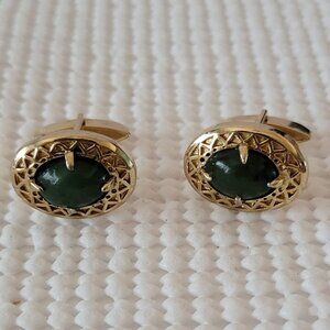 Swank Gold Tone Open Work Emerald Green Cabochon Oval Men's Cufflinks Marked S